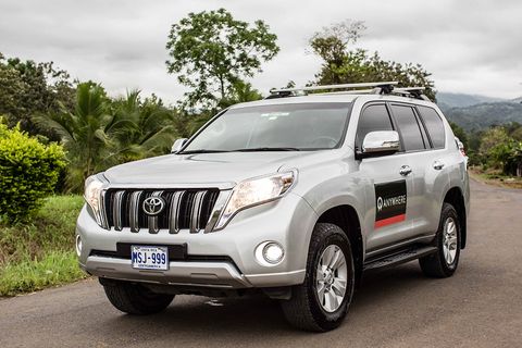 A silver Anywhere
          SUV drives along a road lined by foliage.